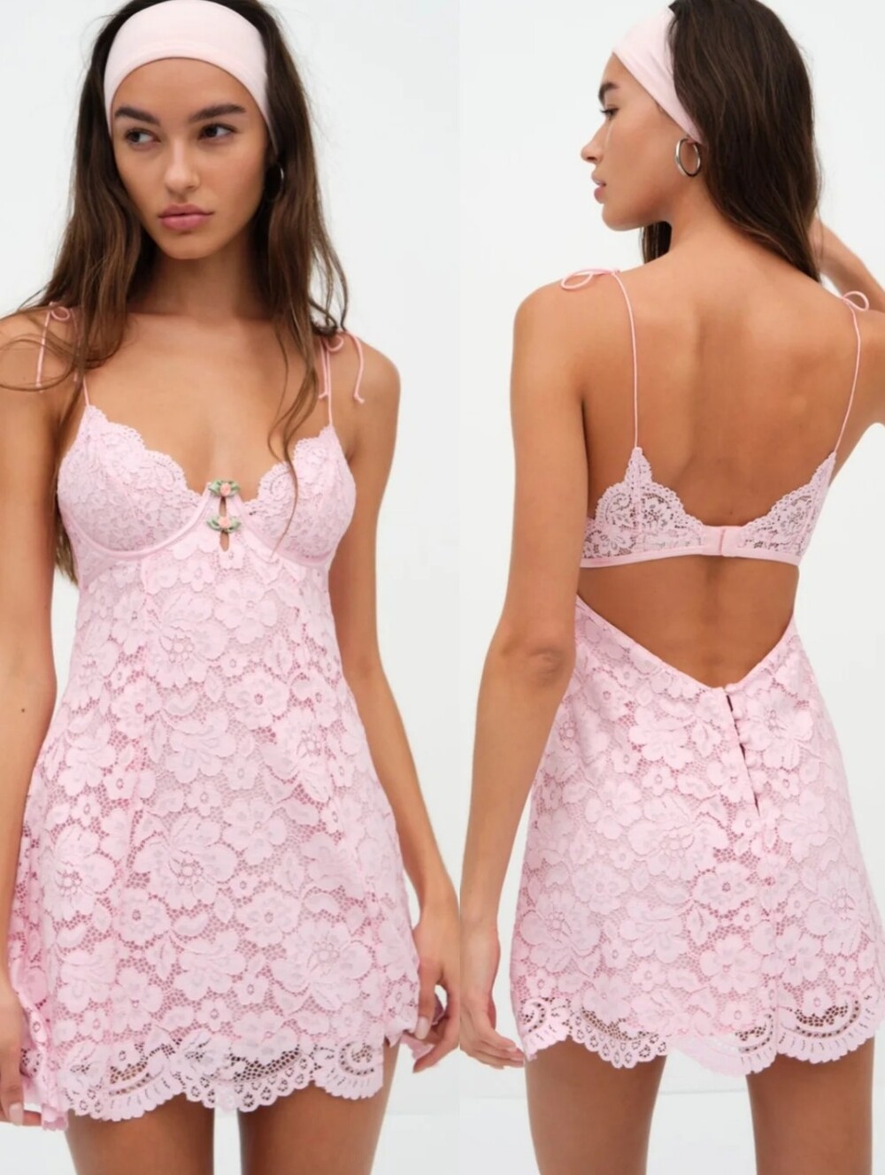 For Love & Lemons Pale Pink Floral Lace Slip Dress